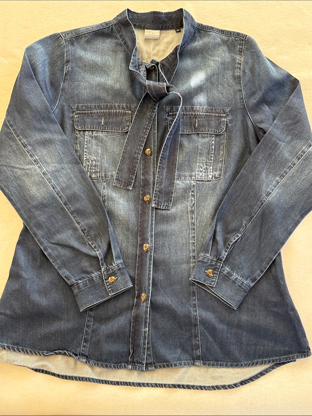 CAbi Blue Denim Tie-Neck Button Down Shirt